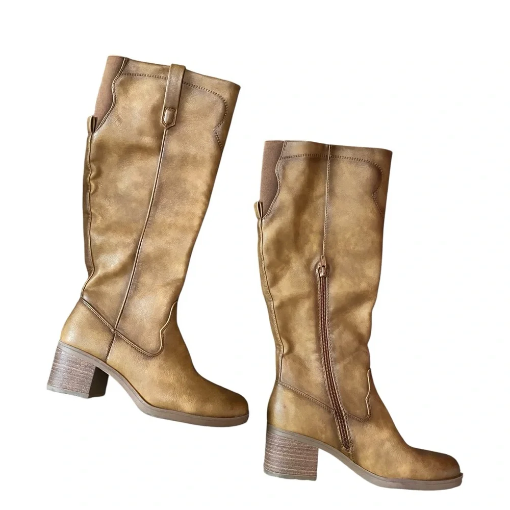 Baretraps Women's Brown Tan Cyra Faux Leather Block Heel Tall Boots Size 6